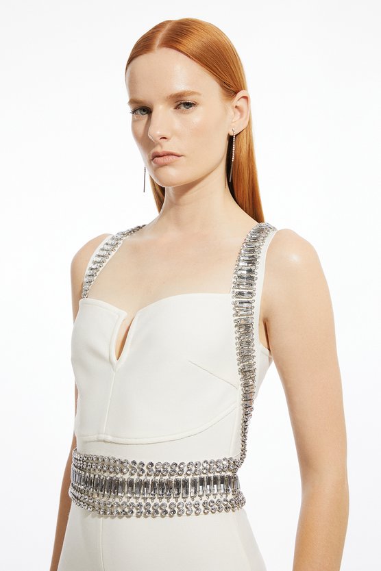 Karen Millen Petite Bandage Figure Form Knit Embellished Maxi Dress Ivory