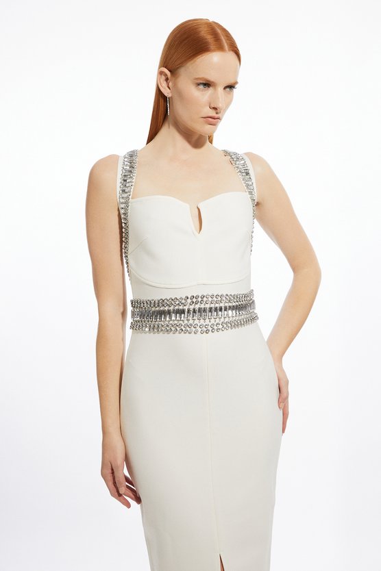 Karen Millen Petite Bandage Figure Form Knit Embellished Maxi Dress Ivory