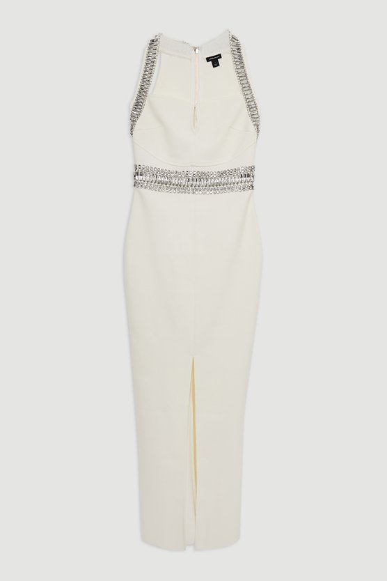 Karen Millen Petite Bandage Figure Form Knit Embellished Maxi Dress Ivory