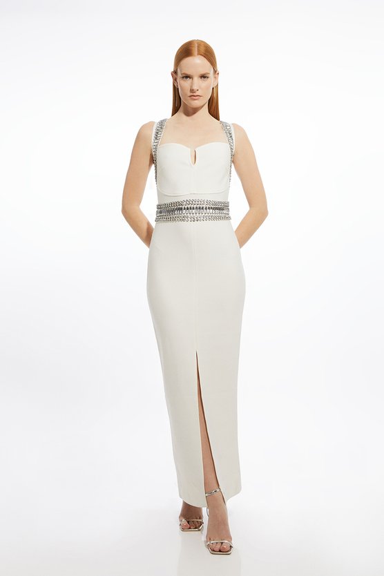 karen millen Petite Bandage Figure Form Knit Embellished Maxi Dress ivory