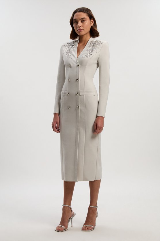 Karen Millen Petite Bandage Form Fitting Embellished Maxi Dress Grey