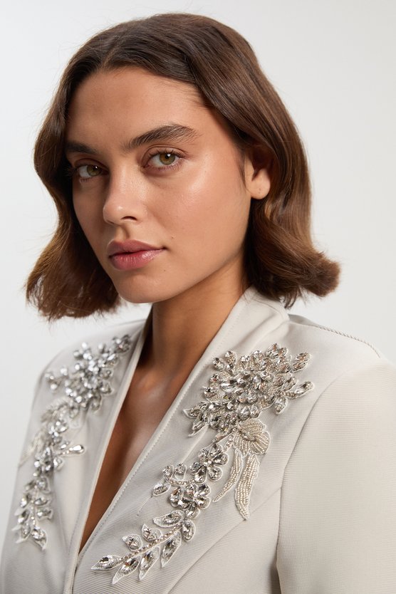 Karen Millen Petite Bandage Form Fitting Embellished Maxi Dress Grey