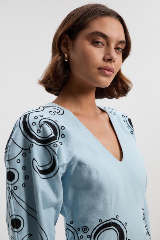 Karen Millen Petite Baroque Embroidered Long Sleeve Twill Woven Midi Dress Blue