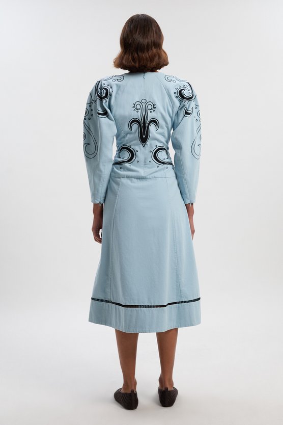 Karen Millen Petite Baroque Embroidered Long Sleeve Twill Woven Midi Dress Blue