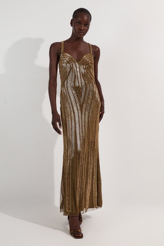 Karen Millen Petite Beaded Contour Sweet Heart Neckline Woven Maxi Dress Gold