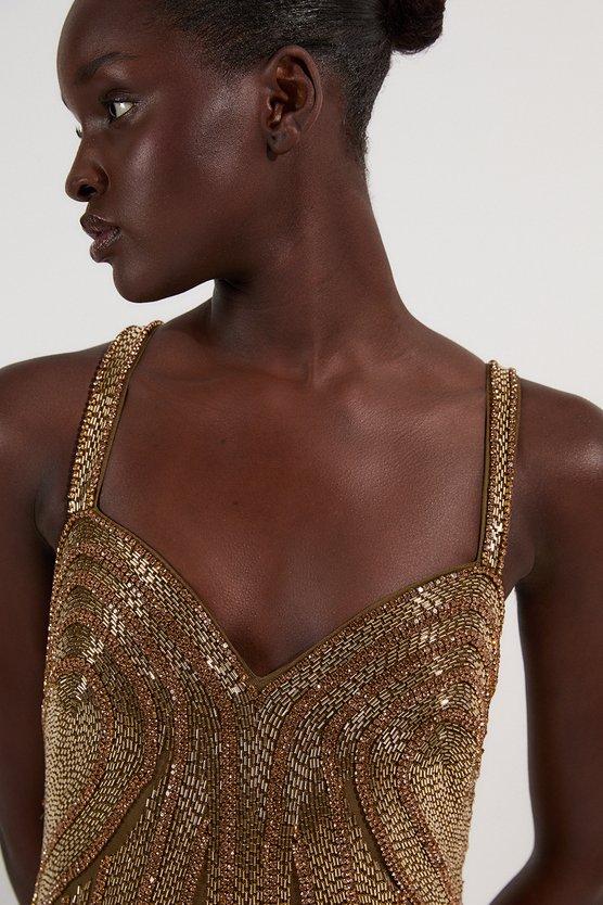 Karen Millen Petite Beaded Contour Sweet Heart Neckline Woven Maxi Dress Gold