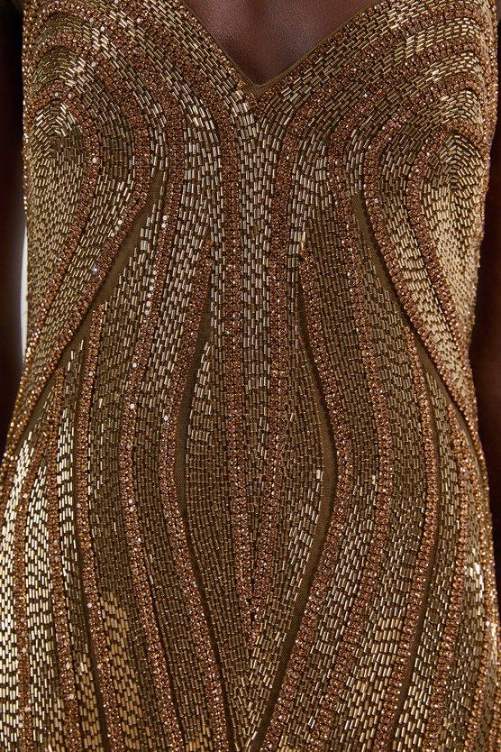 Karen Millen Petite Beaded Contour Sweet Heart Neckline Woven Maxi Dress Gold