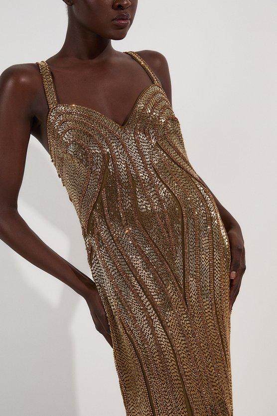 karen millen Petite Beaded Contour Sweet Heart Neckline Woven Maxi Dress gold