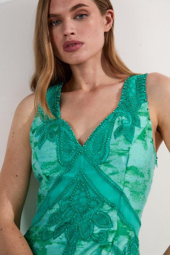 Karen Millen Petite Burnout Tropical Embellished Deep V Woven Maxi Dress Aqua
