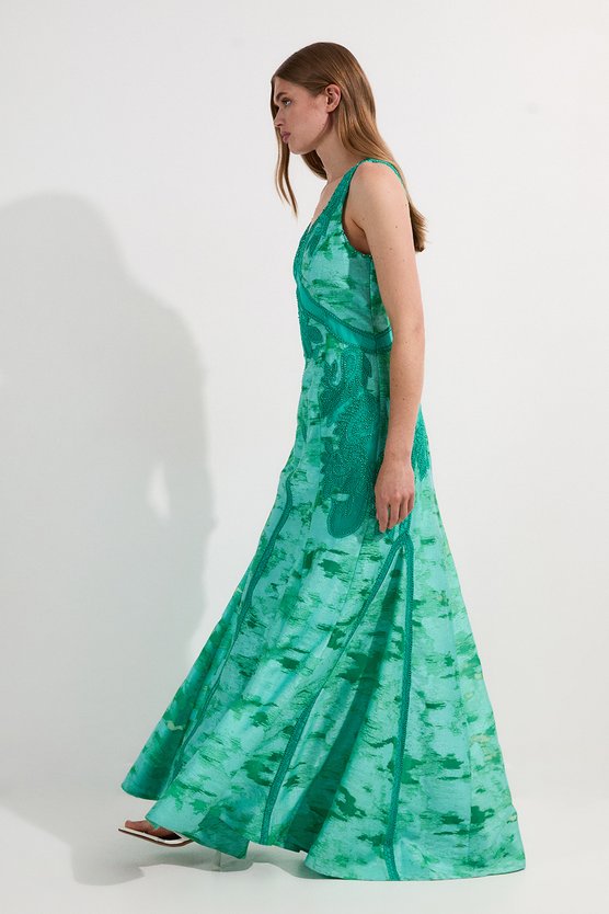 Karen Millen Petite Burnout Tropical Embellished Deep V Woven Maxi Dress Aqua