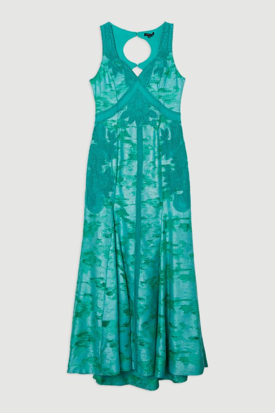 Karen Millen Petite Burnout Tropical Embellished Deep V Woven Maxi Dress Aqua