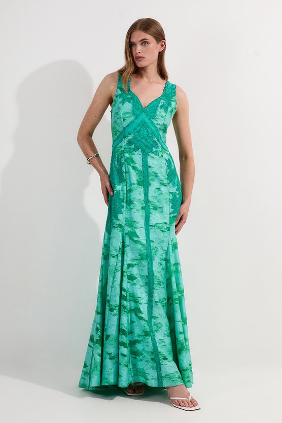 karen millen Petite Burnout Tropical Embellished Deep V Woven Maxi Dress aqua
