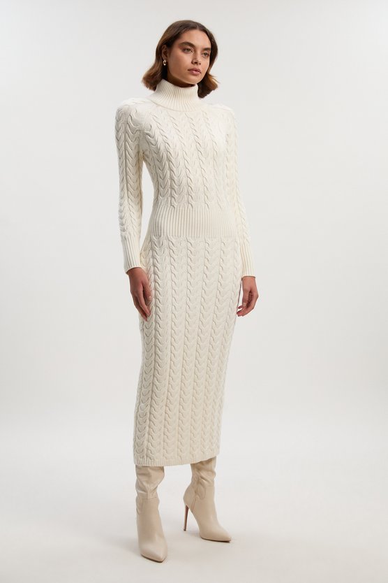 Karen Millen Petite Cable Knit Funnel Neck Maxi Dress Cream