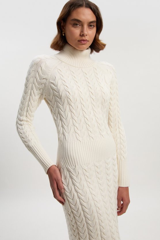 karen millen Petite Cable Knit Funnel Neck Maxi Dress cream