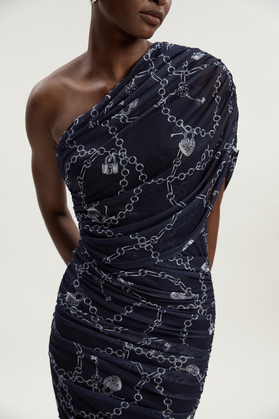 Karen Millen Petite Chain Print Mesh One Shoulder Midi Dress Blue