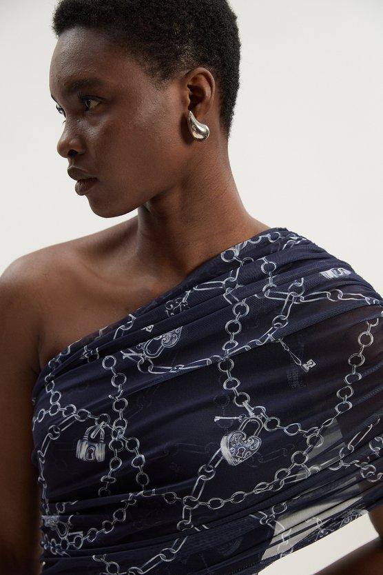 Karen Millen Petite Chain Print Mesh One Shoulder Midi Dress Blue