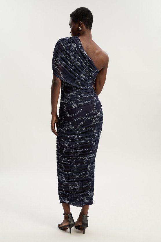 Karen Millen Petite Chain Print Mesh One Shoulder Midi Dress Blue