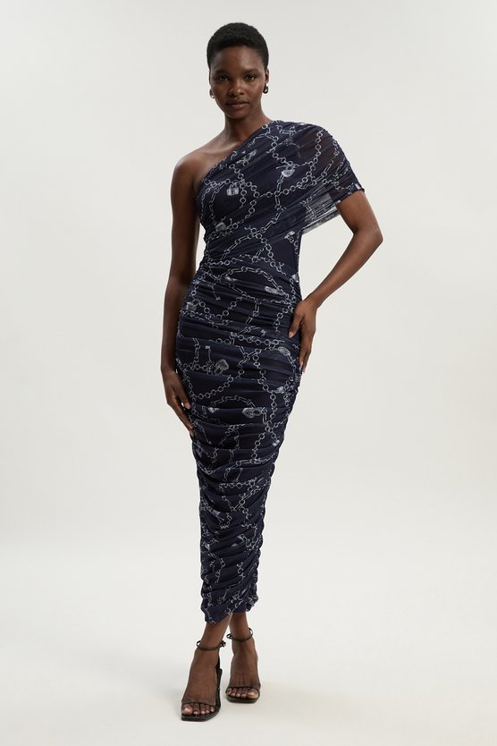 karen millen Petite Chain Print Mesh One Shoulder Midi Dress blue