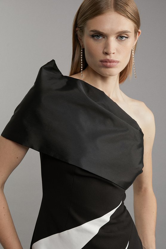 Karen Millen Petite Clean Tailored Taffeta One Shoulder Panel Midi Dress Mono