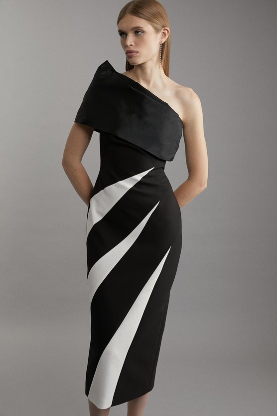 Karen Millen Petite Clean Tailored Taffeta One Shoulder Panel Midi Dress Mono