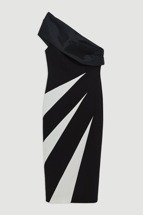 Karen Millen Petite Clean Tailored Taffeta One Shoulder Panel Midi Dress Mono