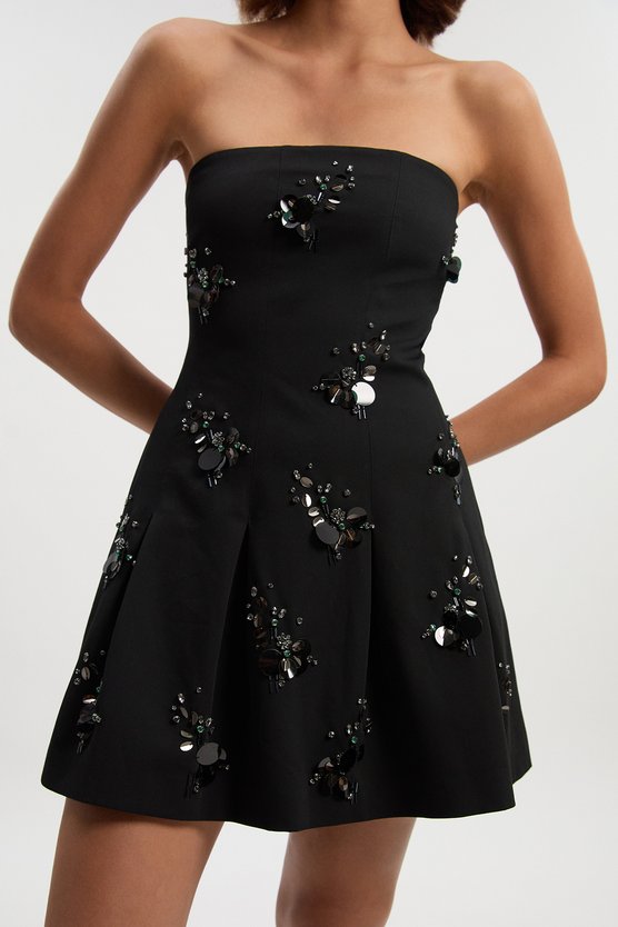 Karen Millen Petite Cluster Sequin & Crystal Embellished Bandeau Tailored Mini Dress Black