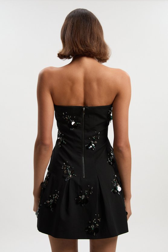 Karen Millen Petite Cluster Sequin & Crystal Embellished Bandeau Tailored Mini Dress Black