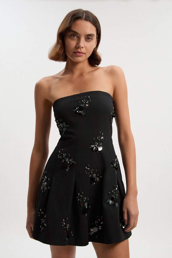 karen millen Petite Cluster Sequin & Crystal Embellished Bandeau Tailored Mini Dress black
