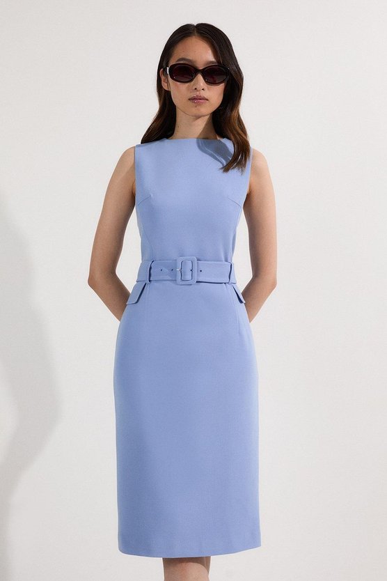karen millen Petite Compact Essential Belted Tailored Midi Dress pale blue