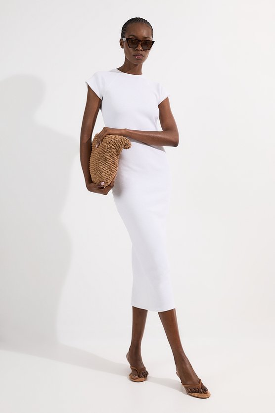 karen millen Petite Compact Jersey Rib Cap Sleeve Maxi Dress white