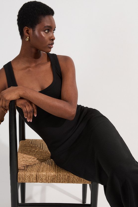 Karen Millen Petite Compact Jersey Rib Racer Maxi Dress Black