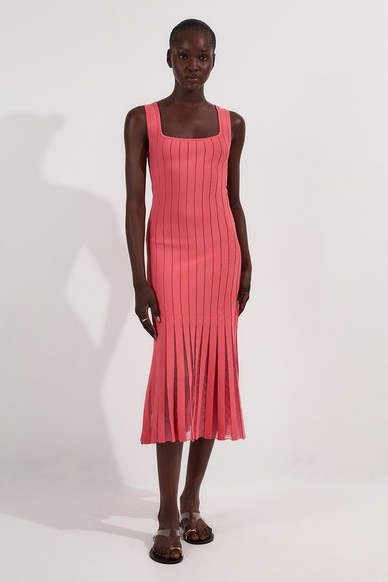 Karen Millen Petite Compact Stretch Square Neck Knitted Flippy Dress Coral