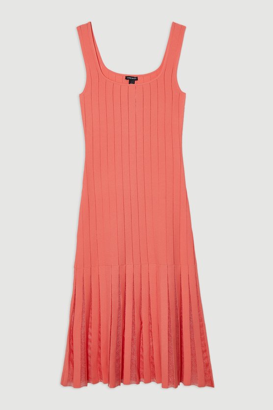 Karen Millen Petite Compact Stretch Square Neck Knitted Flippy Dress Coral