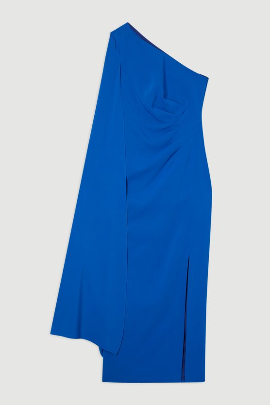 Karen Millen Petite Compact Stretch Viscose One Shoulder Cape Maxi Dress Cobalt
