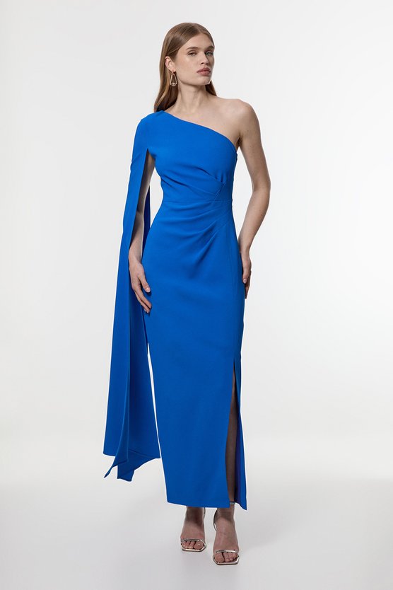 karen millen Petite Compact Stretch Viscose One Shoulder Cape Maxi Dress cobalt