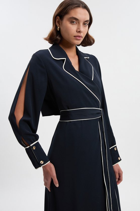 Karen Millen Petite Contrast Tipping Tie Waist Long Sleeve Woven Trench Midi Dress Navy