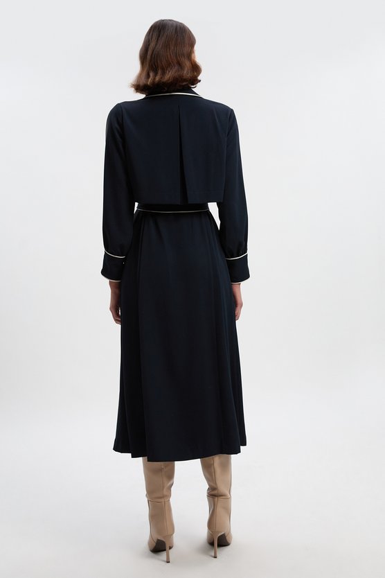 Karen Millen Petite Contrast Tipping Tie Waist Long Sleeve Woven Trench Midi Dress Navy