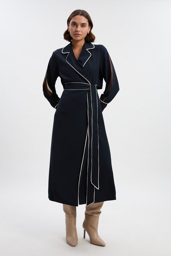 karen millen Petite Contrast Tipping Tie Waist Long Sleeve Woven Trench Midi Dress navy