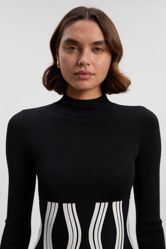 Karen Millen Petite Contrast Wave Knit A-Line Knitted Long Sleeve Dress Mono