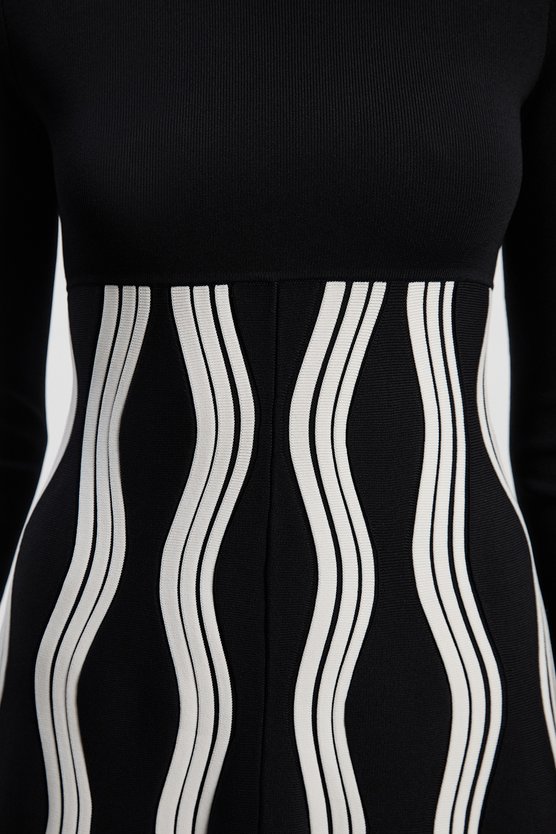 Karen Millen Petite Contrast Wave Knit A-Line Knitted Long Sleeve Dress Mono