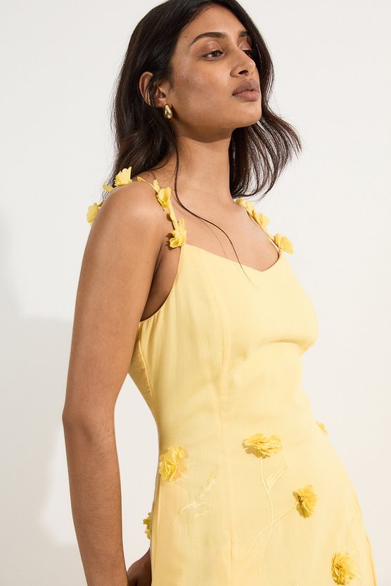 Karen Millen Petite Cotton Applique Strappy Woven Maxi Dress Yellow