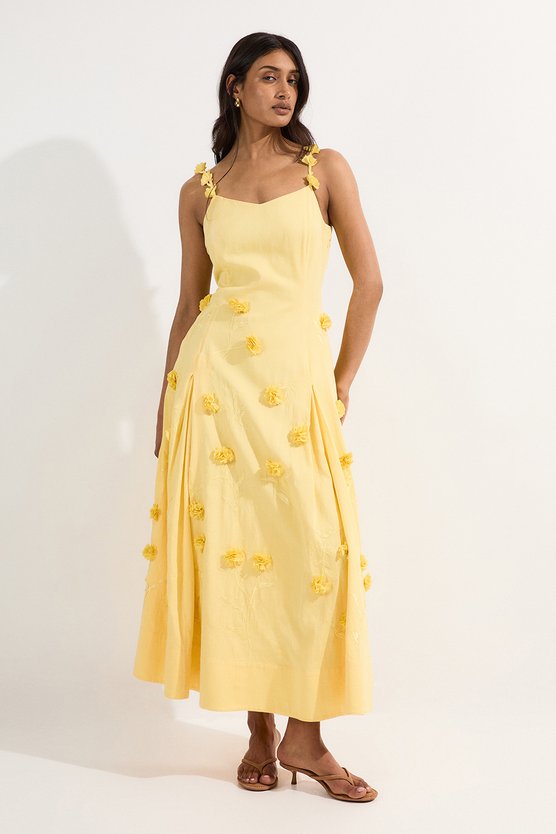 Karen Millen Petite Cotton Applique Strappy Woven Maxi Dress Yellow