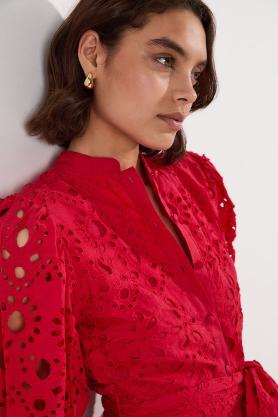 Karen Millen Petite Cotton Broderie Woven Tie Waist Mini Dress Red