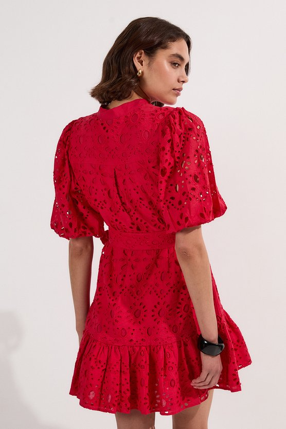 Karen Millen Petite Cotton Broderie Woven Tie Waist Mini Dress Red