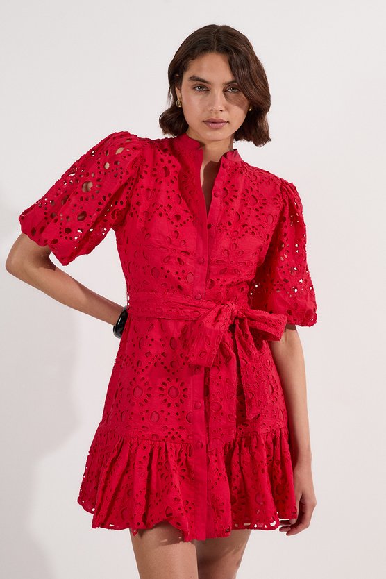 karen millen Petite Cotton Broderie Woven Tie Waist Mini Dress red