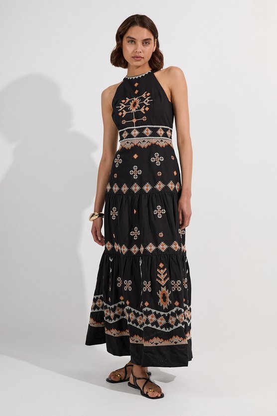 Karen Millen Petite Cotton Embroidered Woven Halter Maxi Dress Black