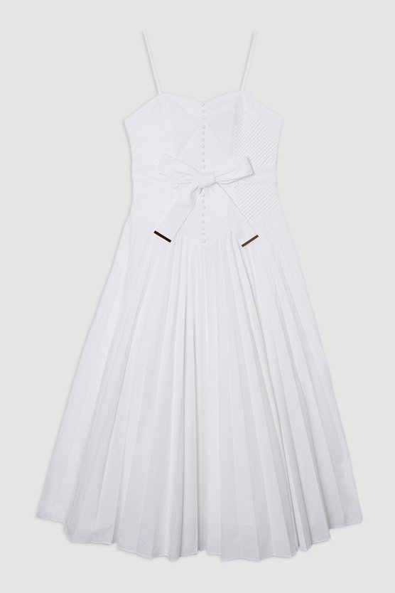 Karen Millen Petite Cotton Top Stitch Dropped Waist Woven Strappy Midi Dress White