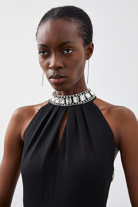 Karen Millen Petite Crystal Embellished Halter Woven Maxi Dress Black