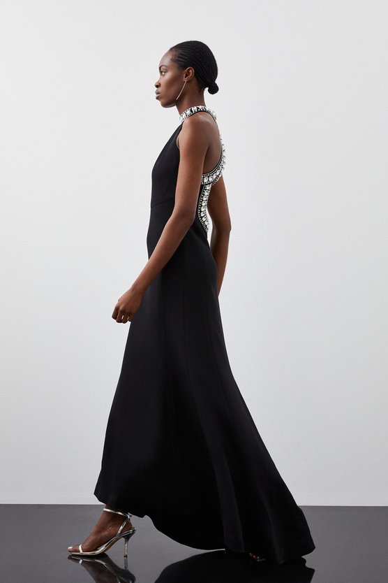 Karen Millen Petite Crystal Embellished Halter Woven Maxi Dress Black