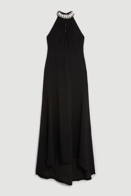 Karen Millen Petite Crystal Embellished Halter Woven Maxi Dress Black